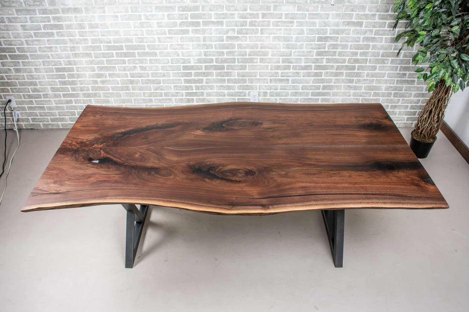bookmatch live edge table on gunmetal zionz legs