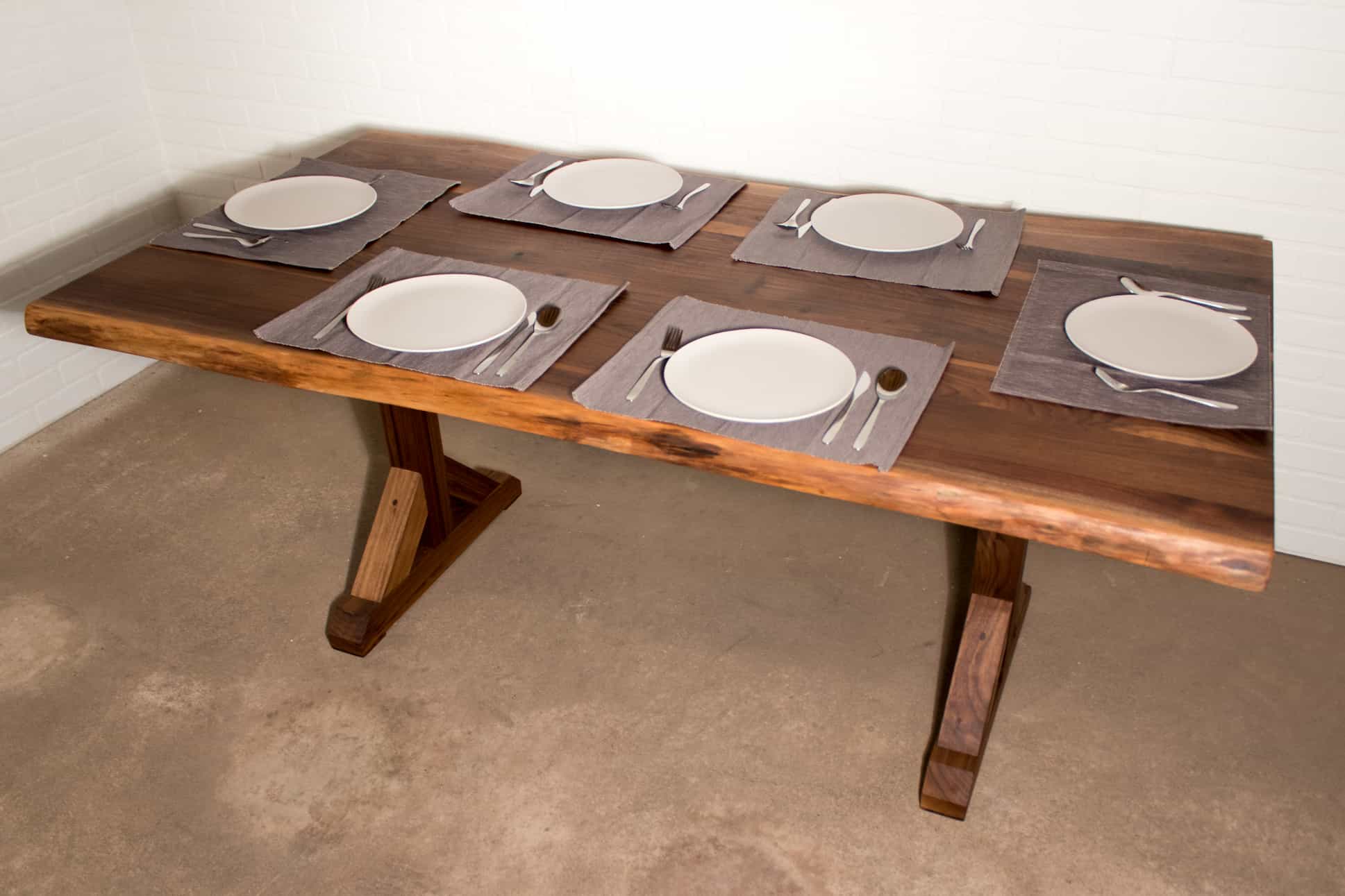live edge walnut table on farmhouse flaxman legs