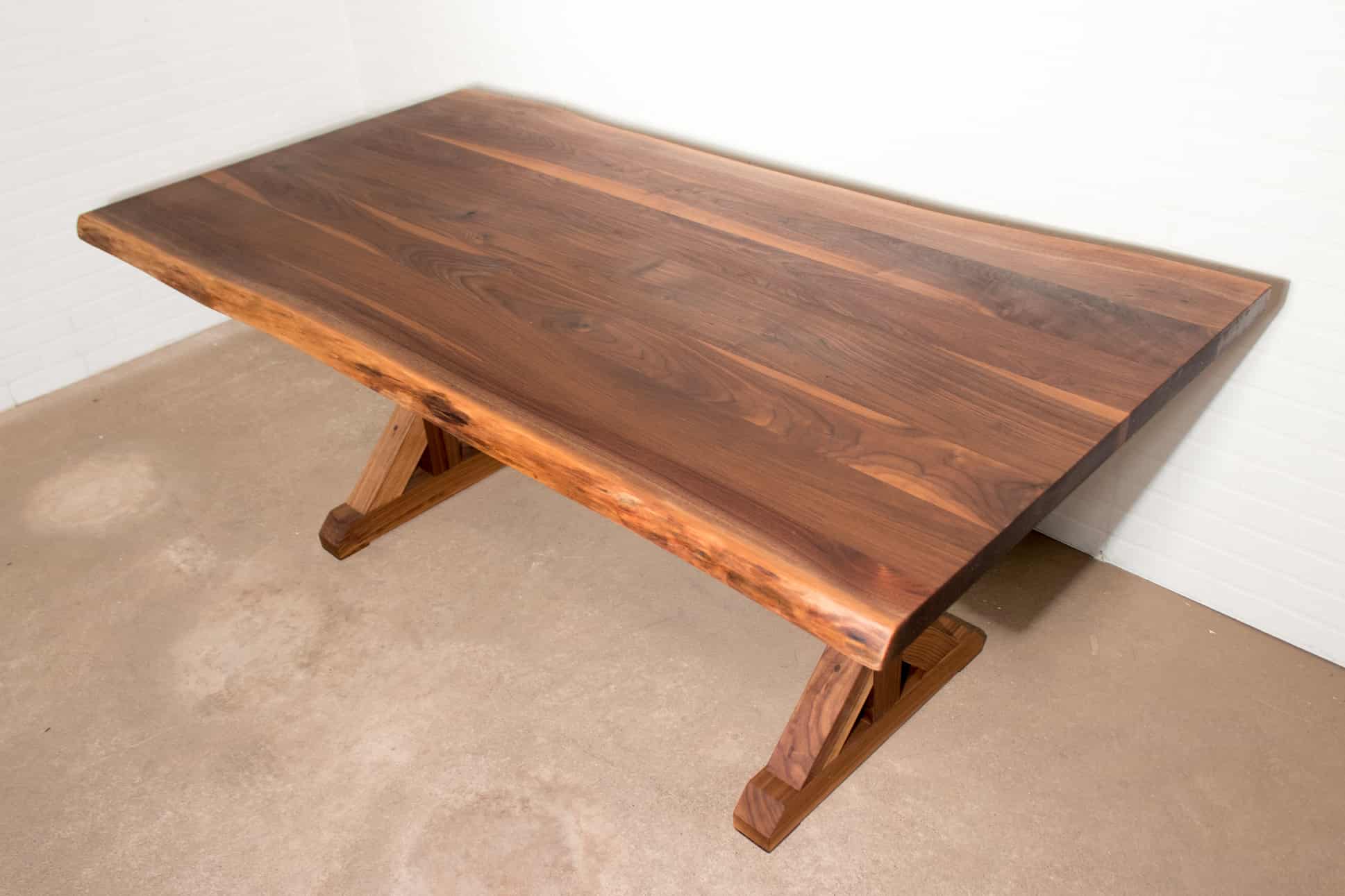 live edge walnut table on farmhouse flaxman legs