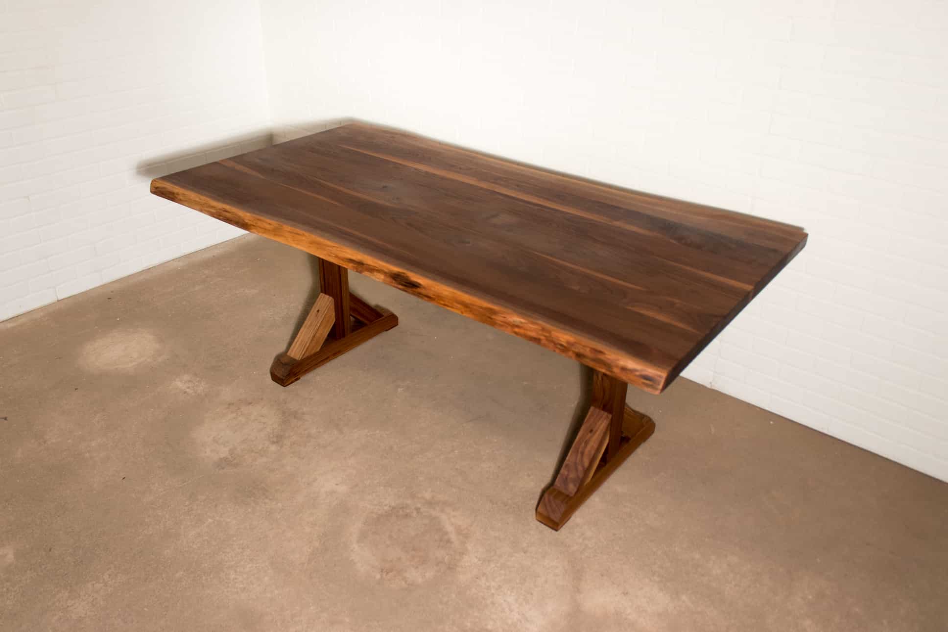 live edge walnut table on farmhouse flaxman legs