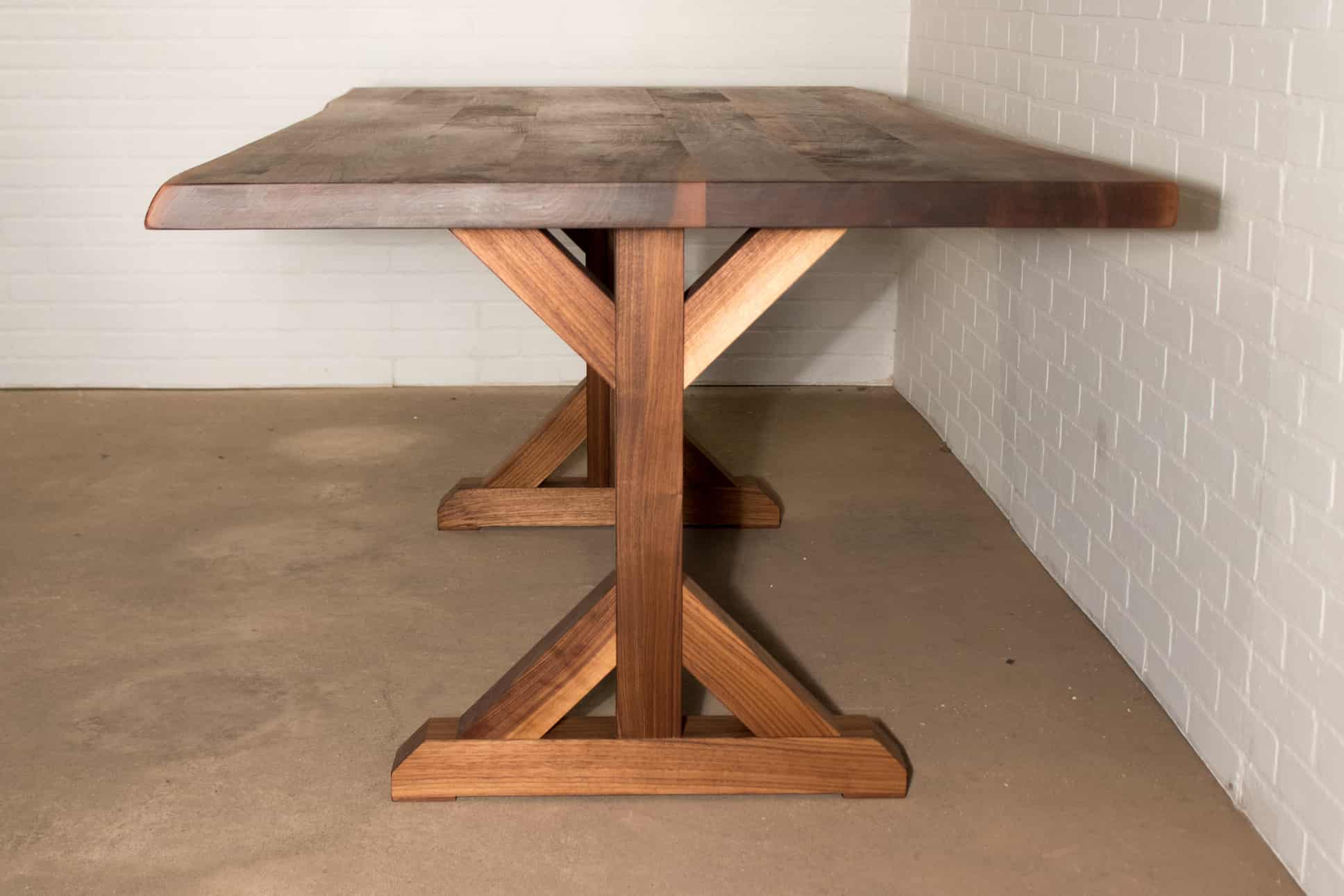 live edge walnut table on farmhouse flaxman legs