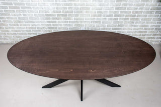 maple oval dinner table in espresso on starburst pedestal base
