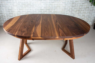 round walnut center extension table with square edge on wood legs