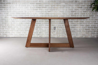 walnut ellipse table with thin edge on cross base